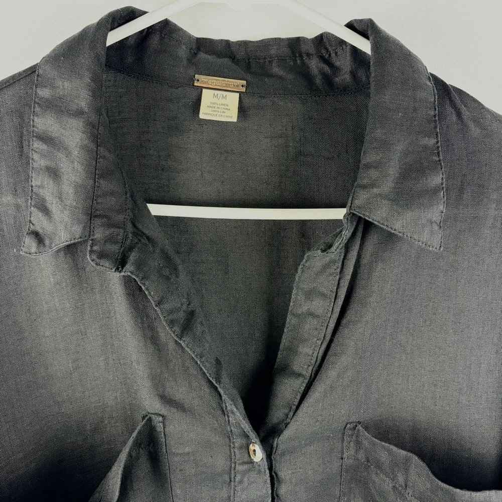 Magaschoni Black 100% Linen Button Down Shirt Roll Tab Sleeve Medium - Picture 5 of 15